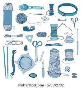 knitting and sewing accessories. Hand drawn colorful illustrations set.