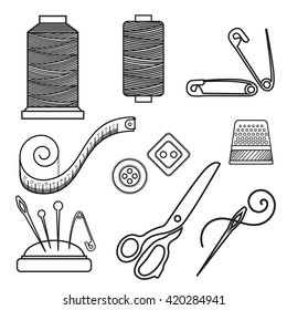 Knitting, knitting, sewing, sewing equipment and needlework elements line flat icons. Vector illustration isolated on white background