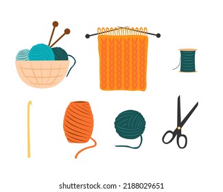 Knitting and sewing hobby elements vector illustration set. Knitting needle and wool ball. Handmade concept. Relaxing hobby time. Instruments for knitting and sewing clothes. Handicraft collection