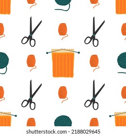 Knitting and sewing hobby vector seamless pattern. Knitting needle and wool ball. Handmade concept. Relaxing hobby time. Handicraft collection. Wallpaper, wrapping paper, background