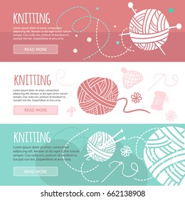 Knitting and sewing horizontal banners set. Creative trendy concept for business. Knitting banners with hand drawn doodle elements.
