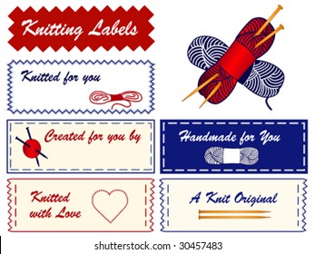 Knitting Sewing Labels, copy space to add your name for hand knit, original do it yourself crafts, hobbies. Heart, love, wood knitting needles, skeins, balls of yarn. EPS8 compatible.