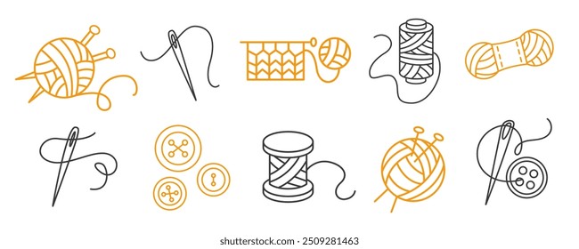 Conjunto de distintivo de logotipo de costura de tricô. Coleção de design de ícones artesanais. Bola de malha, fios, emblemas de linha e agulha. Ilustração do vetor de ícones. Logotipo Personalizado