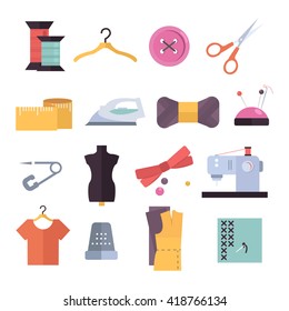 Knitting, sewing and needlework flat icons. Knitting items, sewing equipment and needlework elements
