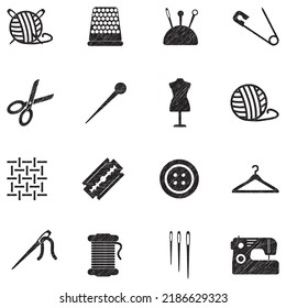 Knitting, Sewing And Needlework Icons. Black Scribble Design. Vector Illustration.