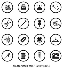Knitting, Sewing And Needlework Icons. Black Flat Design In Circle. Vector Illustration.