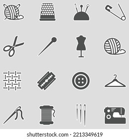 Knitting, Sewing And Needlework Icons. Sticker Design. Vector Illustration.