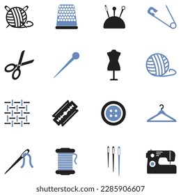 Iconos De Punto, De Coser Y De Needlework. Diseño Plano De Dos Tonos. Ilustración vectorial.