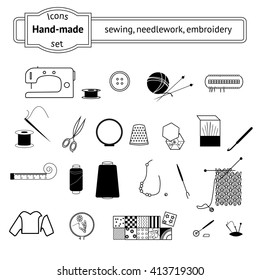 Knitting, sewing and needlework line icons collection. Knitting items, sewing equipment and needlework elements