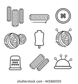 Knitting, sewing and needlework line icons