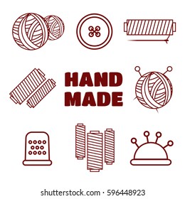 Knitting, sewing and needlework line icons. Knitting items 
