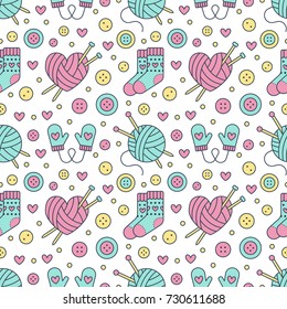 Knitting, sewing seamless pattern. Cute vector flat line illustration of hand made equipment knit needle, buttons, wool, cotton skeins. Colored background for yarn tailor store