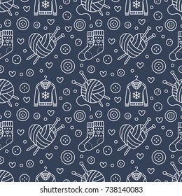 Knitting, sewing seamless pattern. Cute vector flat line illustration of hand made equipment knit needle, buttons, wool, cotton skeins. Dark blue background yarn tailor store. Knitted with love.