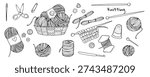 Knitting and sewing vector clipart set with yarn, needles, scissors and thread. Black outline illustration isolated on white background for craft design and hobby projects.