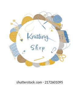 Knitting shop illustration set. Yarn and cloth shop banner. Vector illustration.