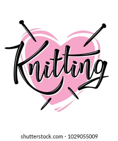 Knitting shop lettering logo. Yarn store flat sign, illustration of wool skeins with knitting needles