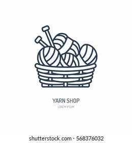 Knitting shop line logo. Yarn store flat sign, illustration of wool skeins with knitting needles.