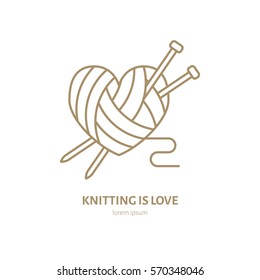 Knitting shop line logo. Yarn store flat sign, illustration of wool skeins with knitting needles