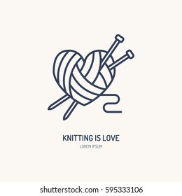 Knitting shop line logo. Yarn store flat sign, illustration of wool skeins with knitting needles.