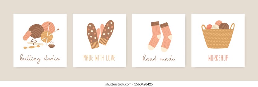 Knitting social media banners vector templates set. Thread skein, knitted accessories, socks and gloves flat illustrations. Hand made, needlework. Knitting studio, workshop advertising design.