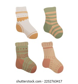 Knitting socks elements. Set of elements for knitting hobby. Warm clothes, cozy winter. Isolated vector illustration for poster, banner, cover, card.