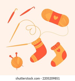 Knitting socks with knitting needles and crochet, skein of threads. Vector illustration