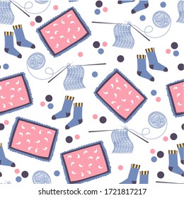 Knitting socks, rugs and sweaters hobby or business seamless pattern. Making clothes of woolen threads for winter and cold seasons. Needles and ready production, manufacture, vector in flat style