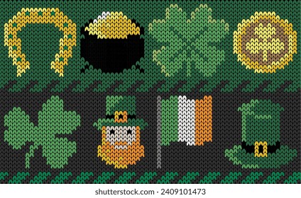 Knitting St. Patrick's Day  elements and ornaments. Vector illustration.