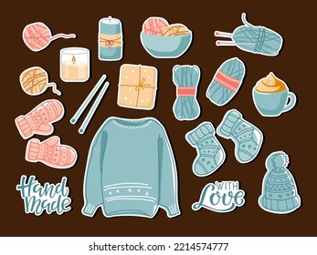 Knitting sticker set. Autumn or Winter knitted accessories, hand made tags, cosy things. Cozy warm clothes. Linear Vector sketch icon isolated. Seasonal Design element. Hobby and business knitting.