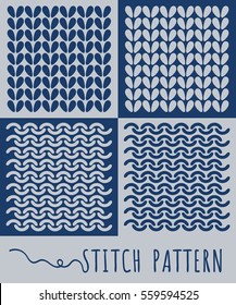 Knitting stitch pattern set. Isolated vector illustration in line style. Yarn and knitting stitch.