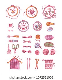 Knitting and stitching craft, vector illustration set