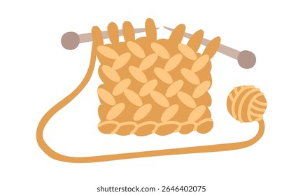 Knitting with straight needles. Beige ball. Cozy atmosphere. Handmade for others. Flat color isolated illustration. For postcards, packaging design, social media posts, theme of care and coziness