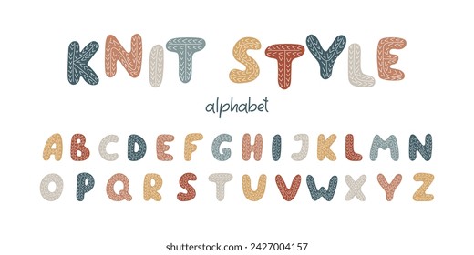 Knitting style hand drawn Alphabet. Capital multicolored Letters with Knitted Crocheted pattern. Cute abstract font for design Handmade products, Needlework store labels