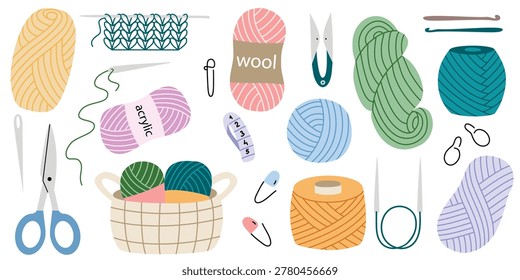 Knitting supplies set, colored flat clip art. Hand-drawn needlework elements, including knitting needles, pins, scissors, crochet hook, needle, yarn and knitted fabric. Vector graphics