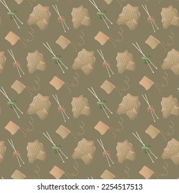 Knitting sweater thread elements with brown background. Knitting hobby. Warm clothes, cozy winter. Isolated vector illustration for poster, banner, cover, card.Vector illustration of seamless pattern.