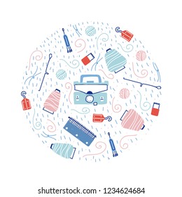 Knitting symbols in circle form. Vector illustration. Line art detailed, with lots of objects background.