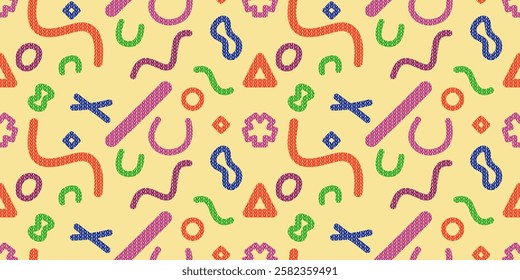 Knitting texture. Doodle seamless pattern background for design with basic shapes.