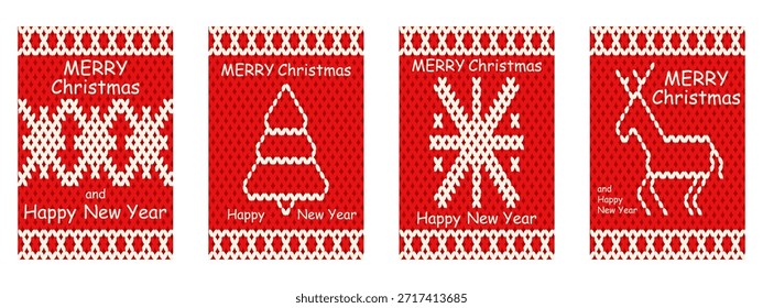 Vector de textura de punto Navidades felices y feliz año Nuevo conjunto de portada de póster de saludo. Conjunto de tarjeta de Navidad de textura de suéter rojo étnico Folk perfecto. EPS 10
