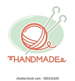 Knitting thread ball with two needles inside logo sign isolated on white. Vector illustration in flat design of colorful badge with threads and instruments for knitting homemade things and clothes