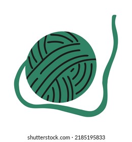 Icono de hilo de punto. Arco redondo de lana, hilo de algodón para crochet de mano, agujas de punto, coser de hobby. El material es ropa de jersey. Balón verde de hilo. vector de dibujos animados.