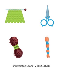 Knitting thread icons set cartoon vector. Various colorful yarn and scissors. Handicraft accessory, hobby