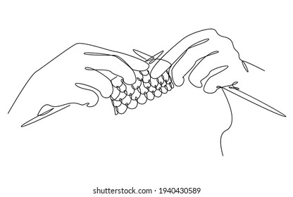 Knitting with threads. Hands of man, woman in modern trendy style with one line. Solid line, outline for decor, posters, stickers, logo. Vector illustration.
