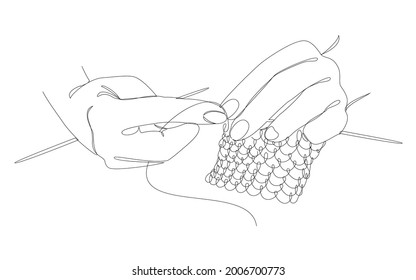 Knitting with threads. Hands of man, woman in modern trendy style with one line. Solid line, outline for decor, posters, stickers, logo. Vector illustration.