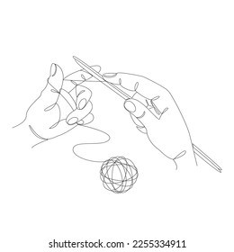 Knitting with threads. Hands of man, woman in modern trendy style with one line. Solid line, outline for decor, posters, stickers, logo. Vector illustration.