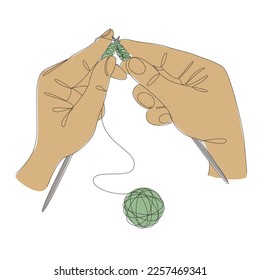 Knitting with threads. Hands of man, woman in modern trendy style with one line. Solid line, outline for decor, posters, stickers, logo. Vector illustration.
