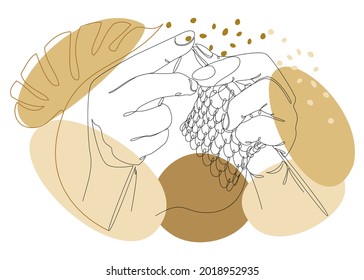 Pintando con hilos. Manos de hombres, mujeres de estilo moderno y moderno con una línea y hojas de planta. Línea sólida, contorno para la decoración, afiches, pegatinas, logotipo. Ilustración vectorial.