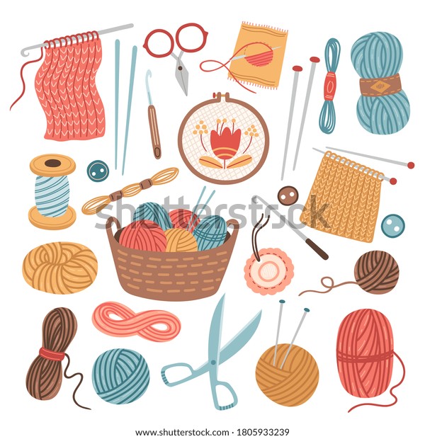 Knitting threads. Knit sewing, wool yarn\
balls. Isolated cartoon handicraft accessories, crochet needlework\
hobby tools vector\
illustration