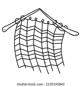 Knitting with threads. Knitted thing on needles. Vector illustration in hand drawn linear doodle style. Line, outline for design, decor, decoration.