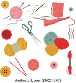 Knitting threads. Knitting stitch, balls of colored wool yarn. Isolated cartoon craft accessories, crochet needlework hobby tools vector illustration, scissors, knitting needle, button vector set