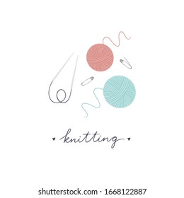 Hilos de punto, hilados, pasadores y agujas de punto ilustran vectoriales y grabados. Objetos vectoriales para trabajos artesanales en fondo blanco